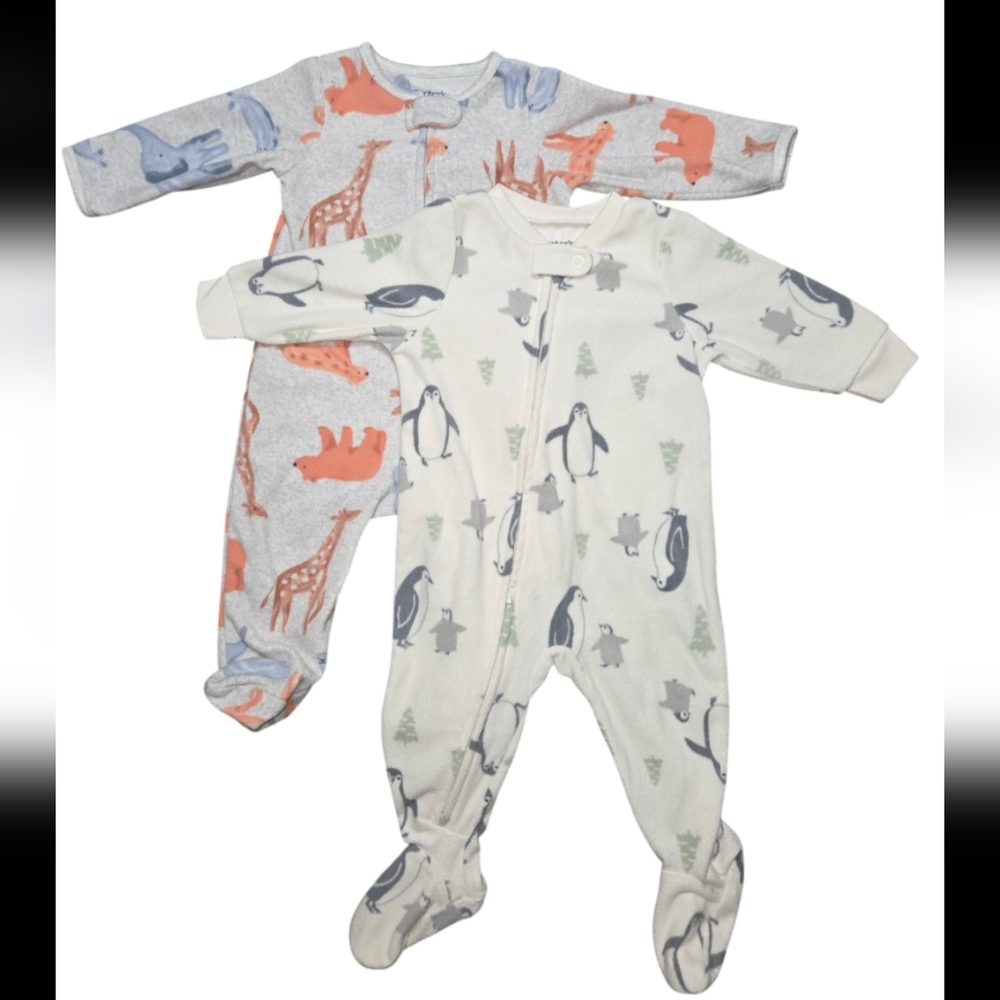 Carter's Infant 2pc PJ Footies- Cream w/ Penguins, Gray w/Dinos EUC